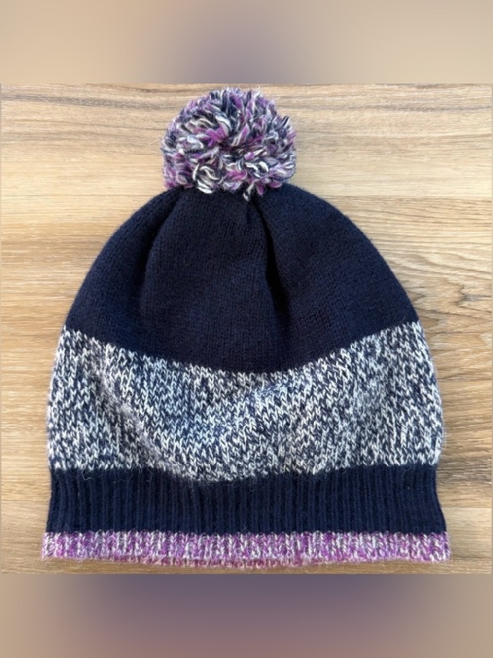 Rag & Bone Women’s Navy Purple and Heather Gray PomPom Beanie